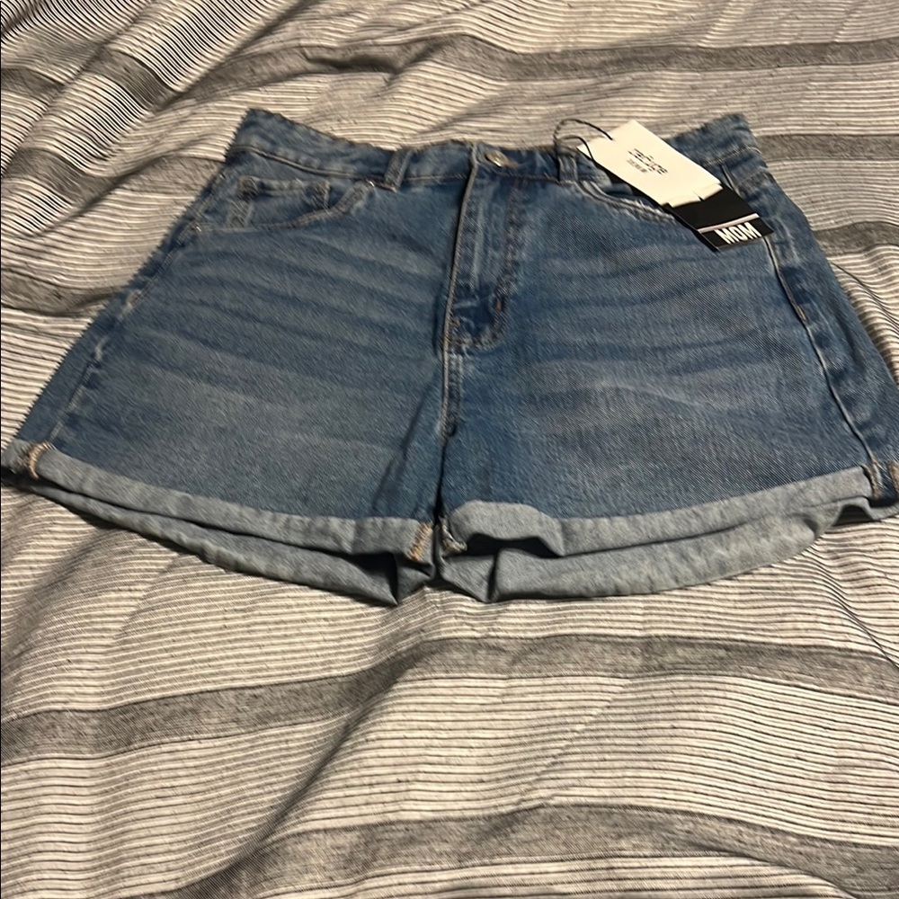 Blue High-Waisted Jean Shorts with Cuffed Hem